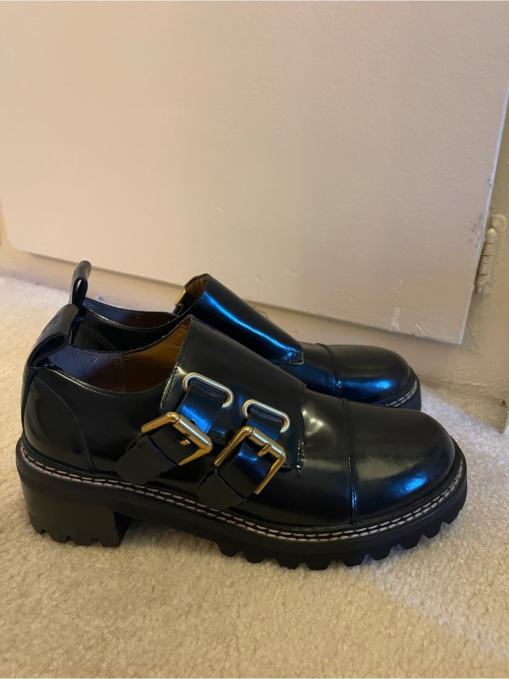 SEE BY CHLOÉ Mallory buckled glossed-leather brogues size EU/IT 38.5